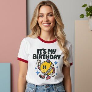 It's My Birthday Red & White Ringer Graphic Tee Retro T-Shirt Cute Mascot